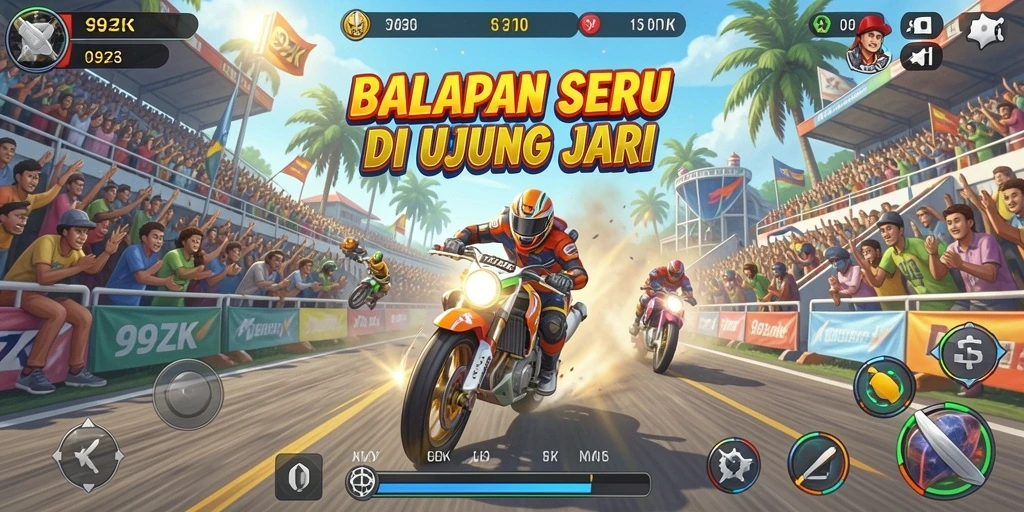 Screenshot utama 99ZK menunjukkan aksi balapan mendebarkan dengan kendaraan yang diatur pada lintasan.