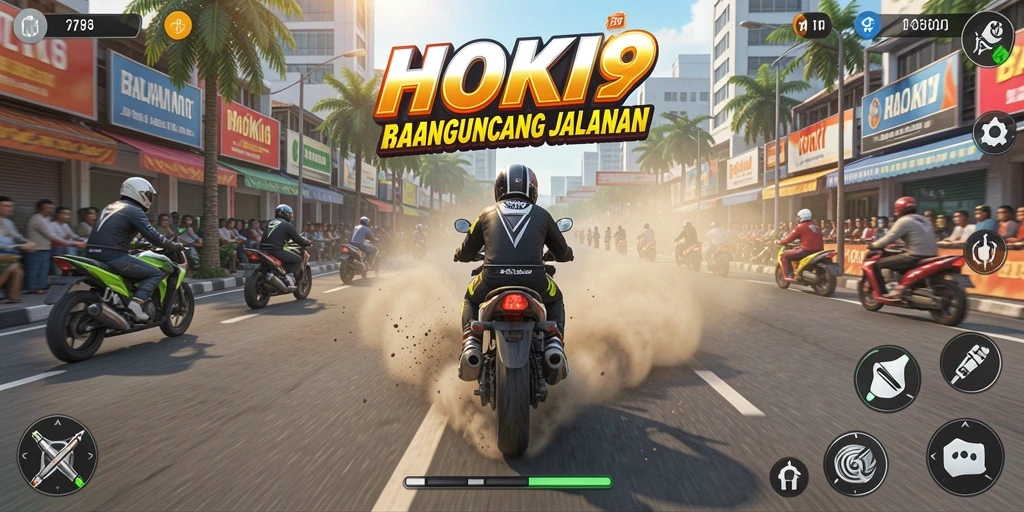 Gameplay seru HOKI9 dengan balapan motor yang menantang.