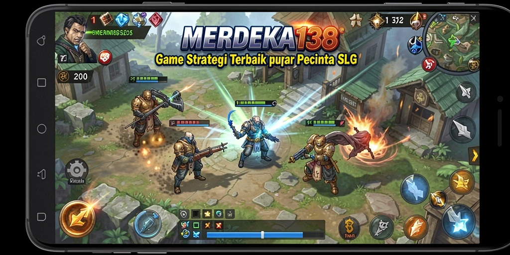 Screenshot gameplay MERDEKA138 menampilkan pembangunan dan pertarungan strategi.