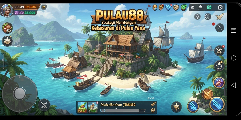 Screenshot utama gameplay PULAU88 menampilkan pulau yang penuh dengan kegiatan strategis.