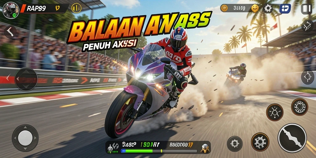 Tangkapan layar menampilkan aksi balapan motor yang mendebarkan.