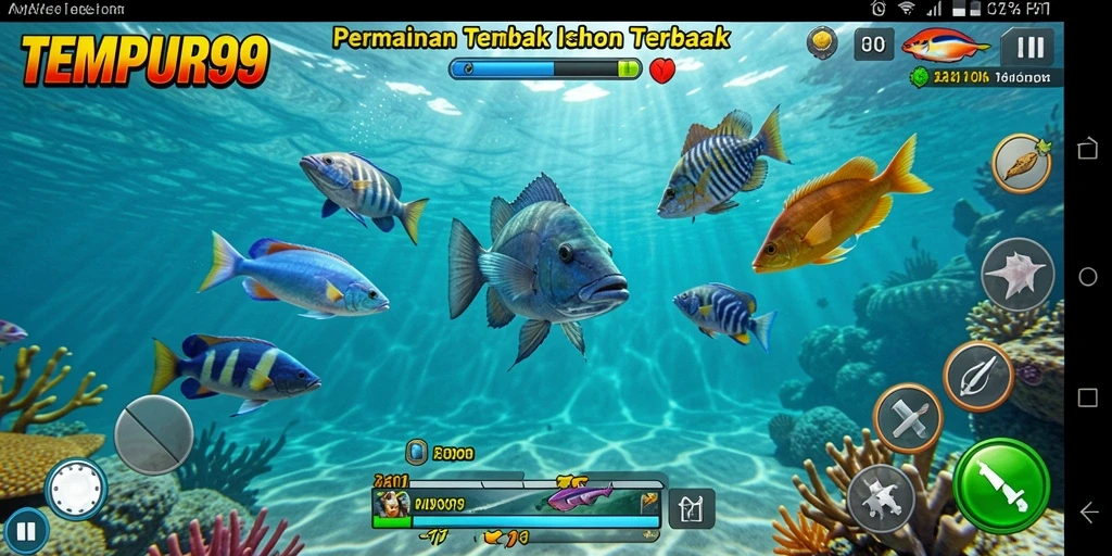 Screeshot gameplay TEMPUR99 dengan aksi menembak ikan.
