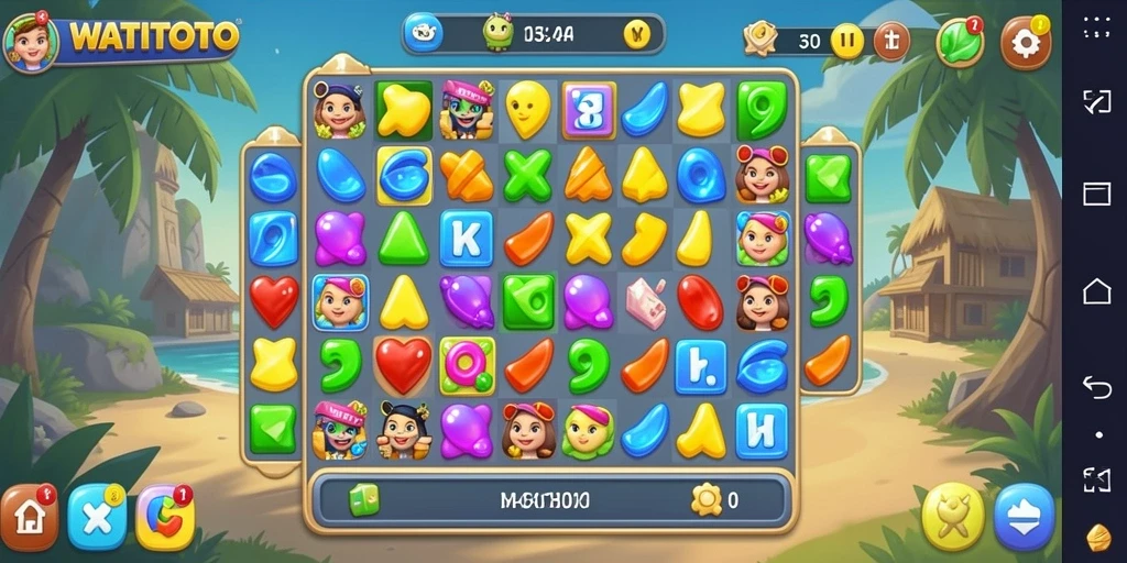 Screenshot WATITOTO menunjukkan aksi Match-3 yang seru dan penuh warna.